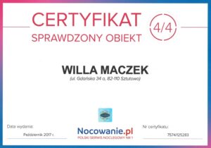 Certyfikat sprawdzony obiekt, nocowanie.pl